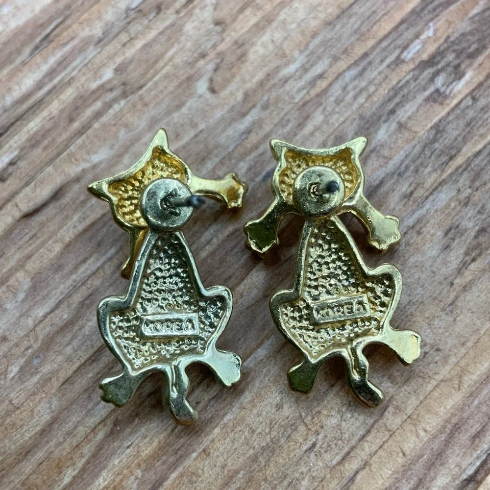 Cat Kitten Vintage Korea Gold Tone Ear Jacket Dangle Stud Earrings